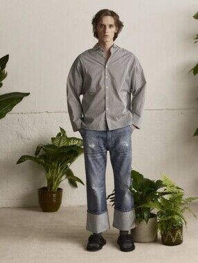 Men's Black & White Striped Button-Down Shirt